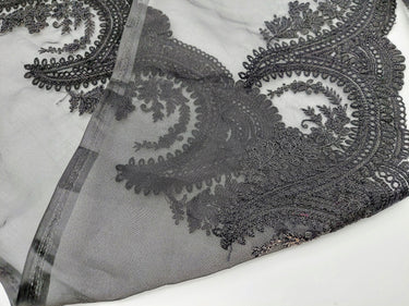 Black Organza Fabric Scalloped Cutwork Lace Trim with Floral Embroidery, Sari Border, Embroidered Trim